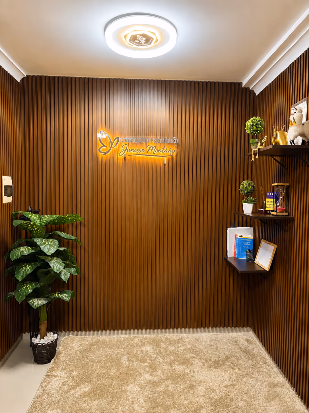 Consultorio Oficina 211 — pared de madera con el logo Sanando en neón
