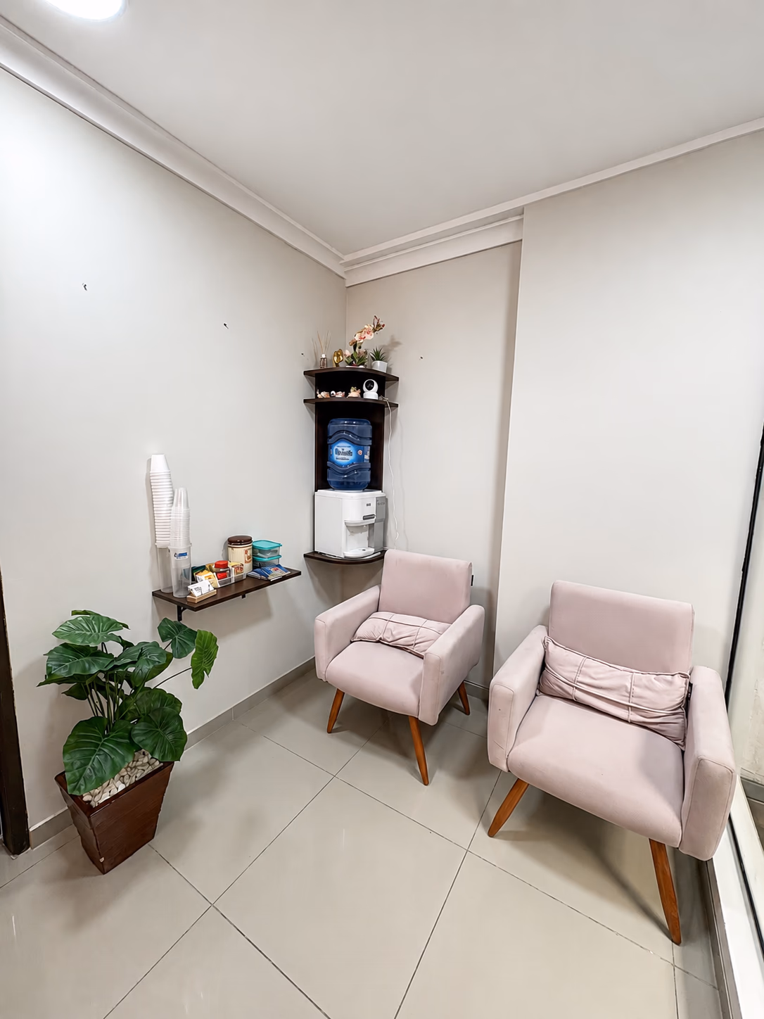 Sala de espera del consultorio en Santa Cruz: sillones, plantas y dispensador de agua